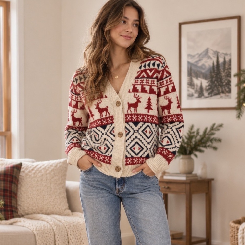 V28 Holiday Reindeer Fair Isle Cardigan Women L/XL Cream Red Festive Cabin Core